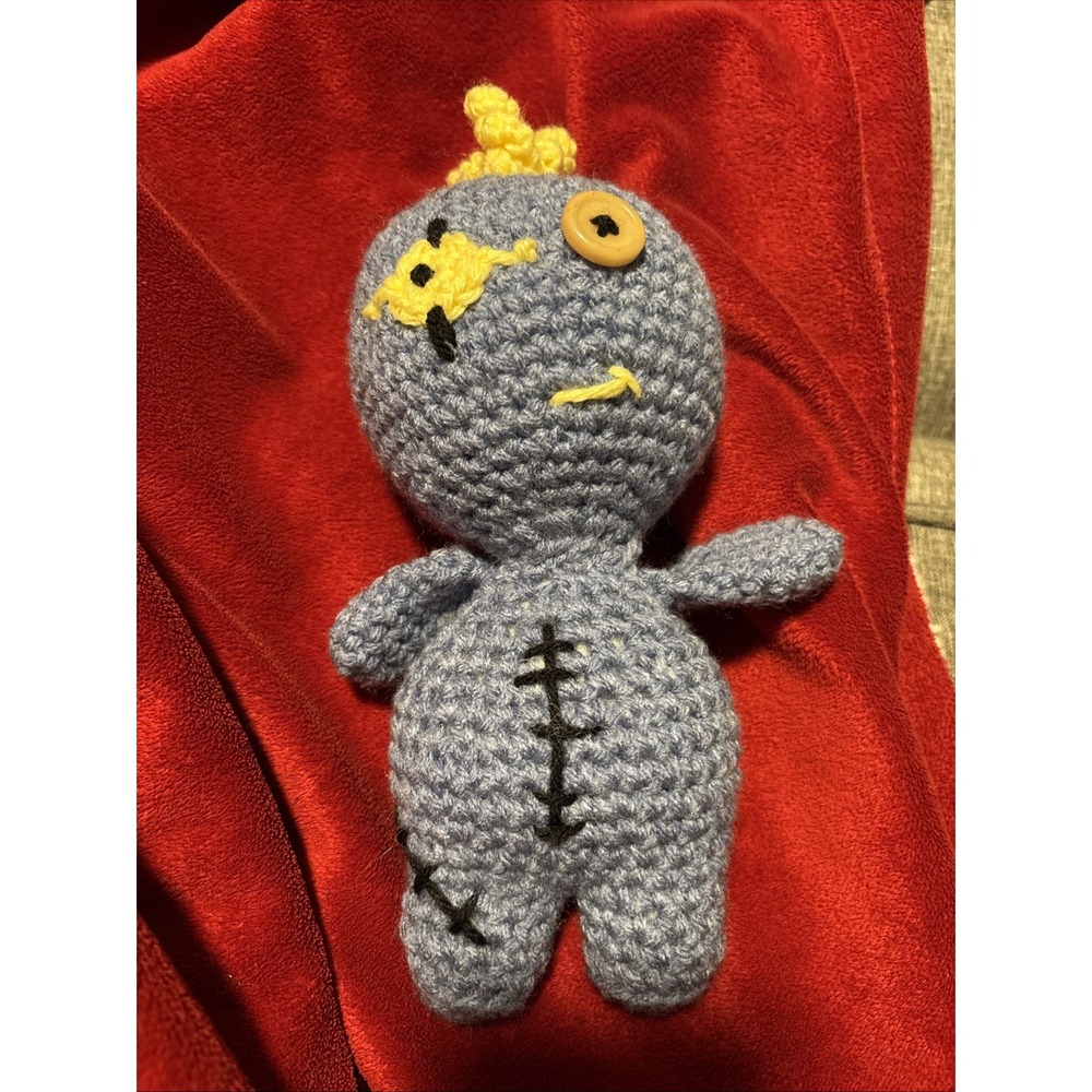 Handmade 10" Monster Patch Baby Plushie Blue Yellow 3 Curls Button Eye Halloween